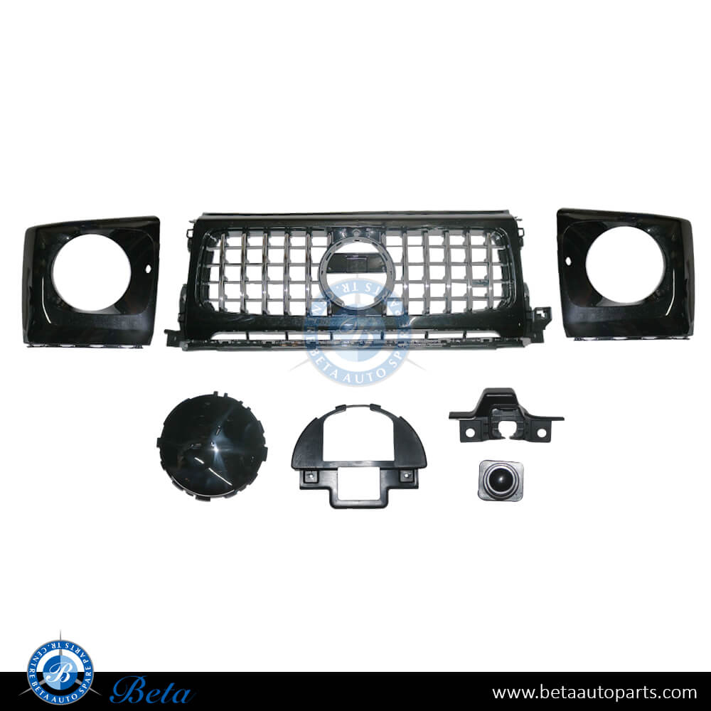 Radiator Grille GT Look with Headlamp Frames for G500 - Black for Mercedes G-Class 2018-Up models, Part Number 4638880800 Radiator Grille GT Look with Headlamp Frames for G500 - Black for Mercedes G-Class 2018-Up models, Part Number 4638880800
